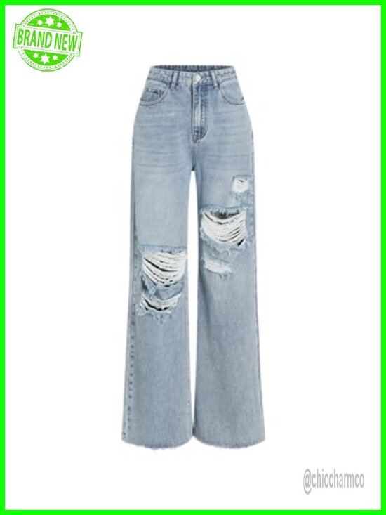Denim - High Waisted Ripped Straight Leg Jeans Distressed Baggy Denim Pants